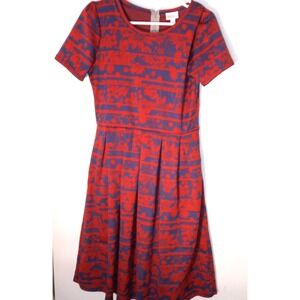 LulaRoe Amelia Blue Red   Dress Size L Drop Waist Zipper Flare Stretch